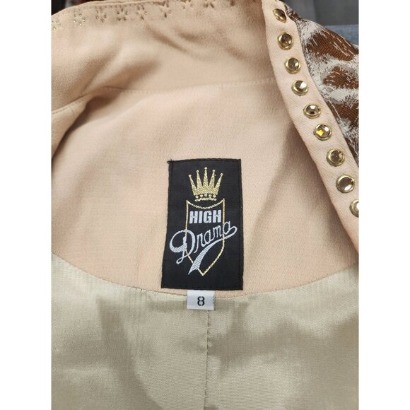 High Drama Womens Blazer Size 8 Beige Leopard Vintage 80s Embroidered Tiger Desi - Picture 6 of 16
